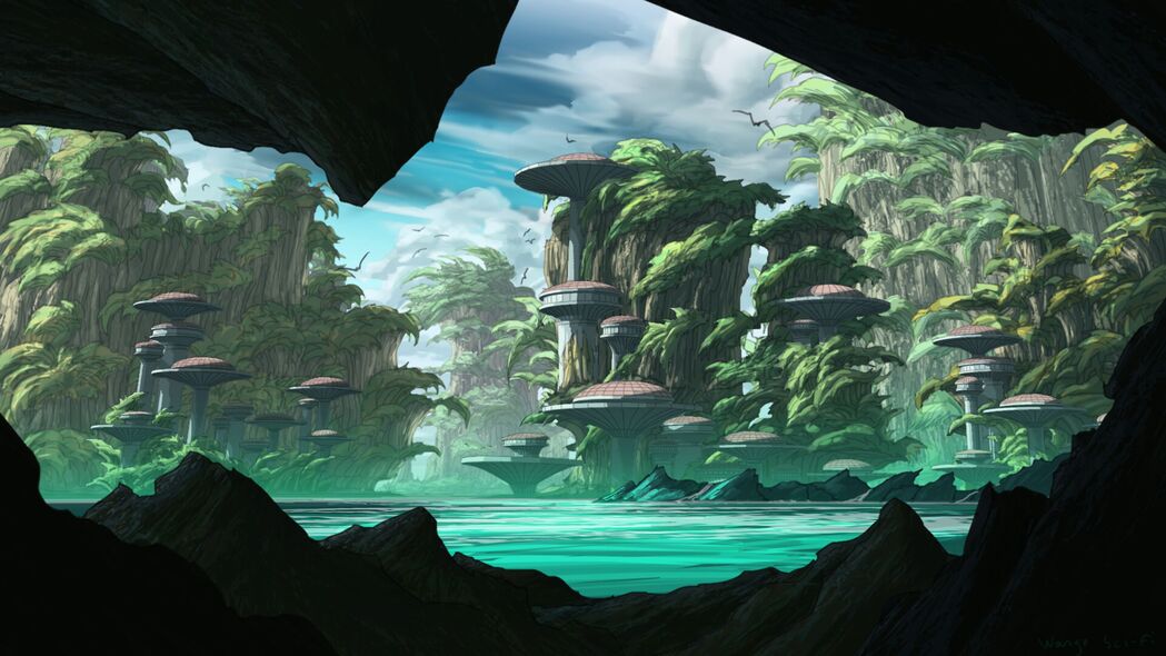 4K幻想科幻岛屿岩石建筑艺术壁纸，高清3840x2160背景图片下载