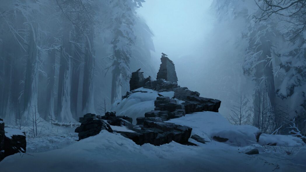 废墟乌鸦雪景艺术，惊艳4K壁纸，高清3840x2160背景图片，免费下载
