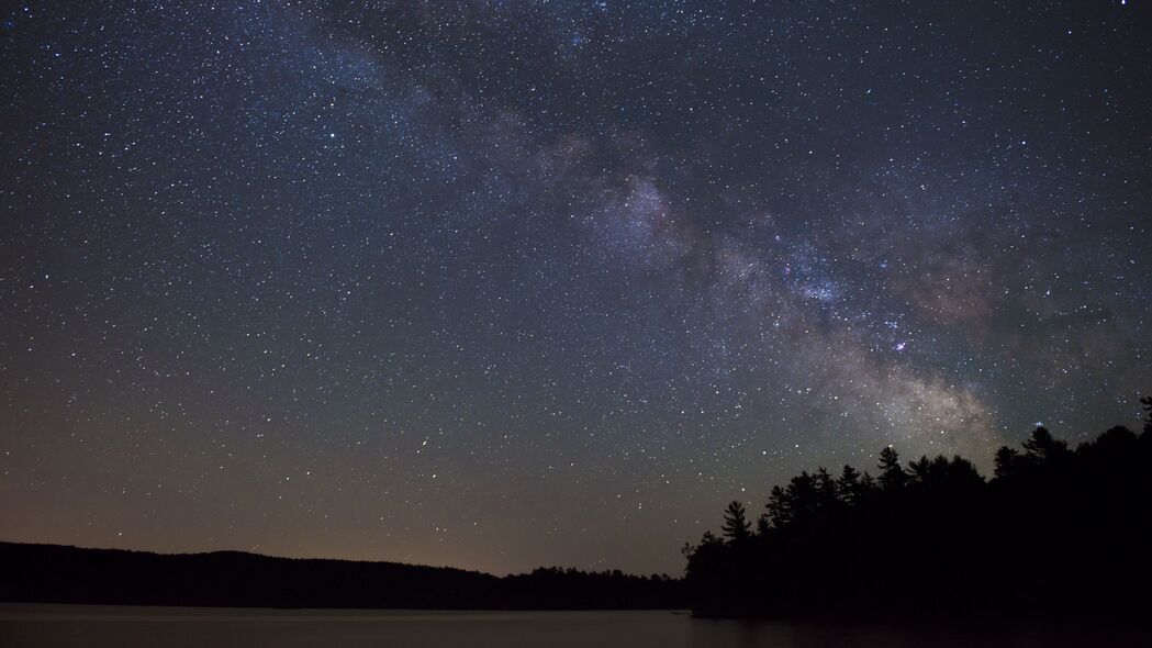 夜间湖畔星空璀璨，树木剪影映黑暗——4K高清壁纸（3840x2160）免费下载