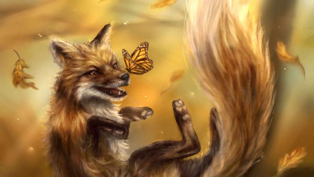 秋意狐狸捕蝶艺术画面，精选4K壁纸，3840x2160高清下载