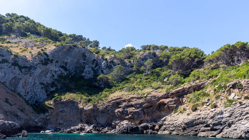 岩石海岸与浩瀚大海交融，树木葱茏映衬，绝美4K风景壁纸，高清3840x2160分辨率，一键下载！