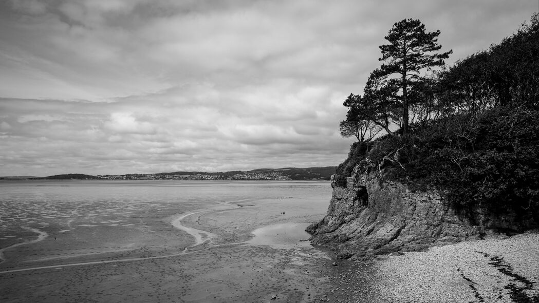 海岸风光·黑白艺术·木材纹理与鹅卵石·超高清4K壁纸 3840x2160 精美背景图片下载