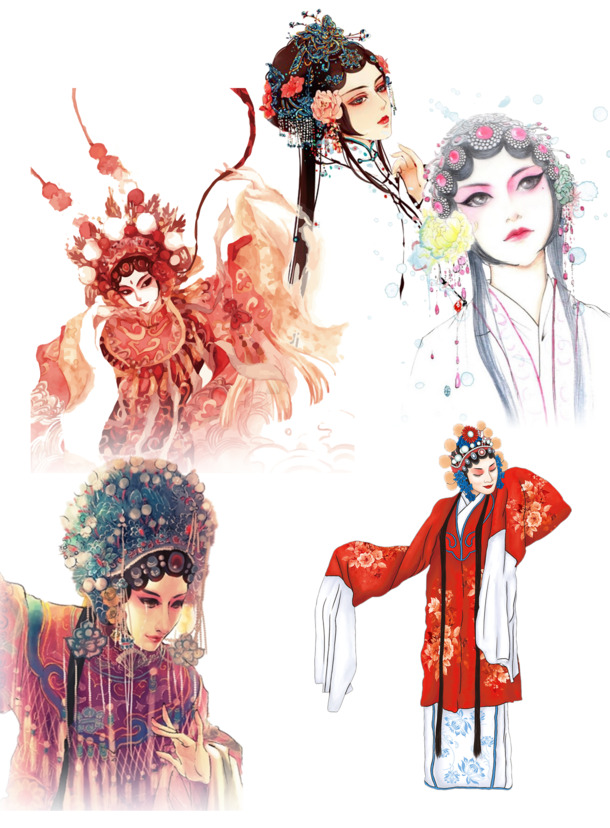 水彩手绘戏曲美人，高清PNG透明图片，手绘卡通元素PSD素材下载