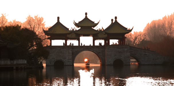 夕阳映照瘦西湖五亭桥，高清PNG透明背景摄影素材下载