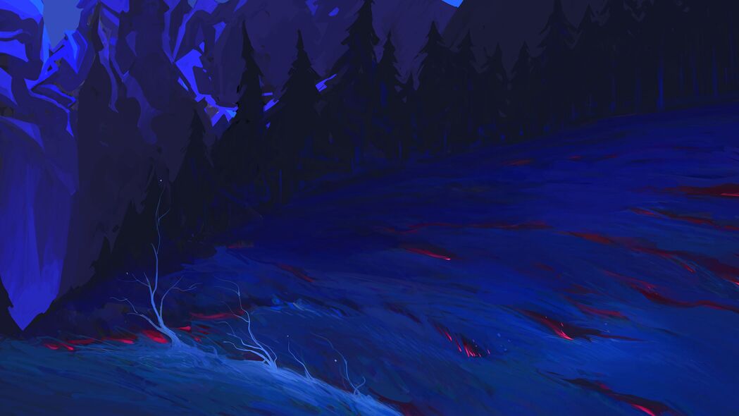 夜之山脉，漂流木与树木交织的艺术，高清4K壁纸（3840x2160）免费下载