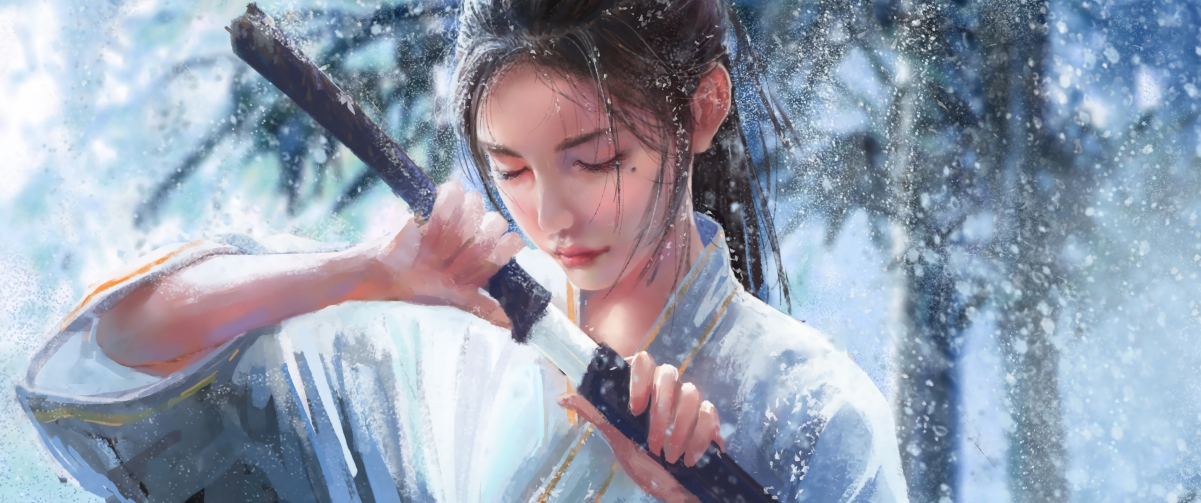 雪天女侠侠客风采，精选3440x1440带鱼屏4K动漫壁纸，高清畅享侠义世界！