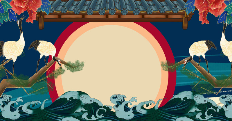 花卉白鹤墙绘背景，复古中国风高清JPG与PSD设计素材下载