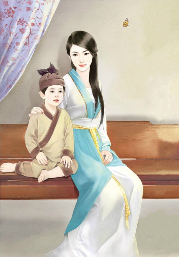 古风母子情深手绘PNG，心与心交流透明背景素材下载