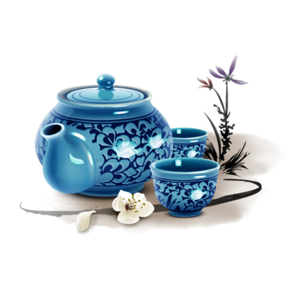 青花瓷茶具PNG透明图，中国风装饰元素，高清下载