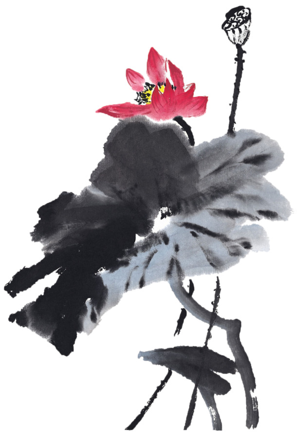 水墨荷花PNG透明图，高清装饰元素，笔触墨迹设计素材下载