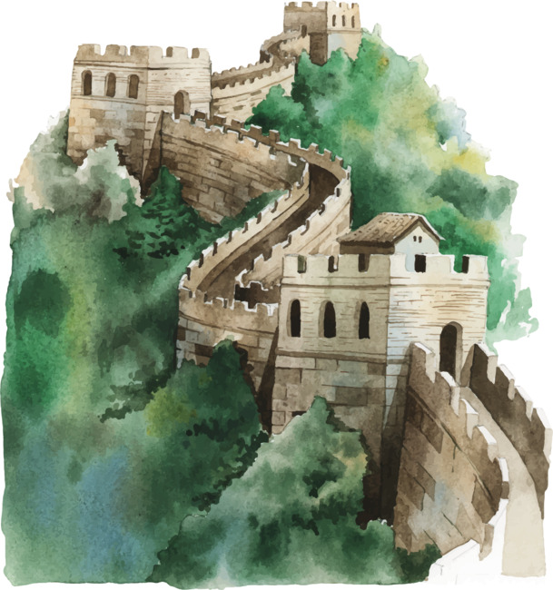 手绘长城PNG素材，高清透明、卡通手绘元素，AI格式下载