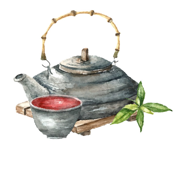 水彩茶壶茶杯矢量PNG透明图，手绘卡通元素，AI格式素材下载