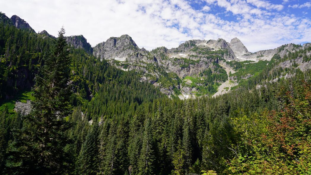 4K超高清山脉森林风景壁纸，山峰耸立，斜坡绿意盎然，树木繁茂，3840x2160精美壁纸免费下载