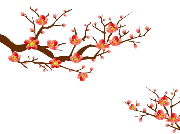 卡通唯美梅花花枝PNG素材，高清透明装饰元素，免费下载