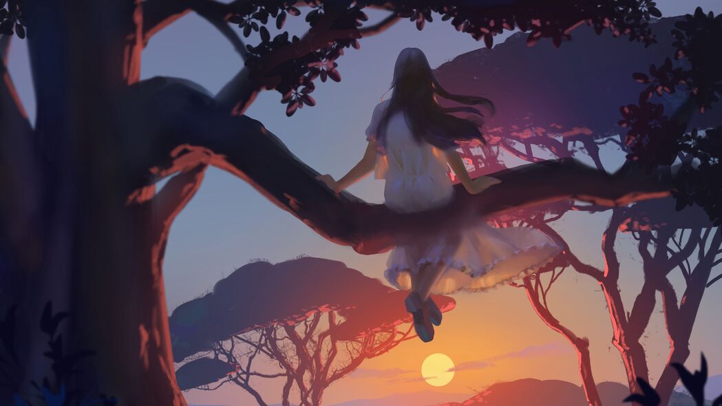 女孩独坐树下赏日落，绝美艺术感4K壁纸，高清3840x2160背景图片，免费下载
