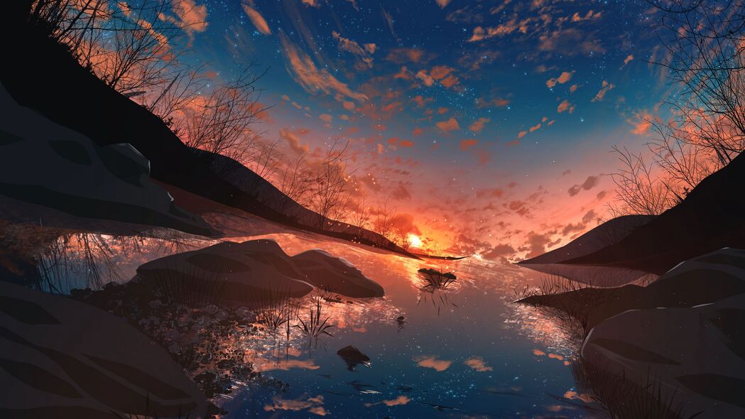 【绝美4K壁纸】日落星空映太阳，艺术反射绘梦境，高清3840x2160背景图片下载