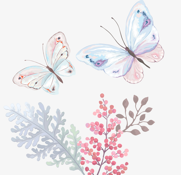 手绘花草蝴蝶PNG素材，高清透明卡通元素图片，设计必备，免费下载！