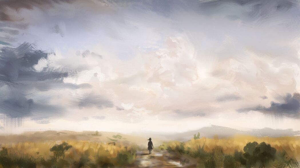 孤独女孩剪影，高清4K绘画壁纸，道路画布背景图片下载