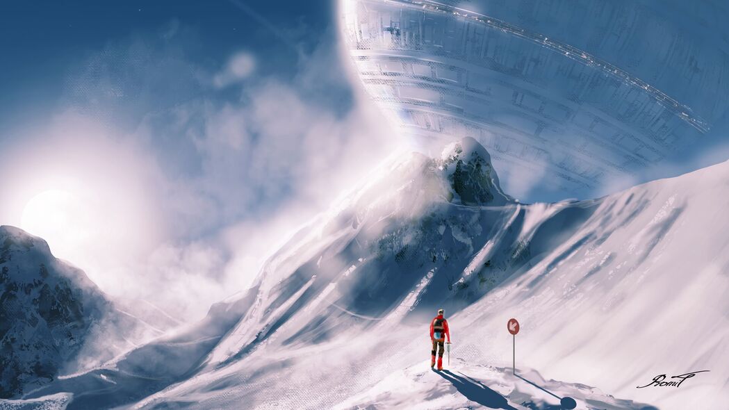 人飞船探险斜坡雪景，绝美艺术渲染，超清4K壁纸，3840x2160高清背景图片，一键下载！