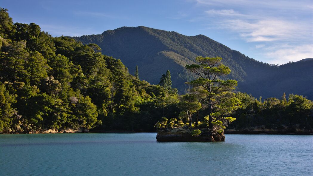 树影摇曳，石头静立——绝美岛屿山脉海洋4K壁纸，3840x2160高清下载