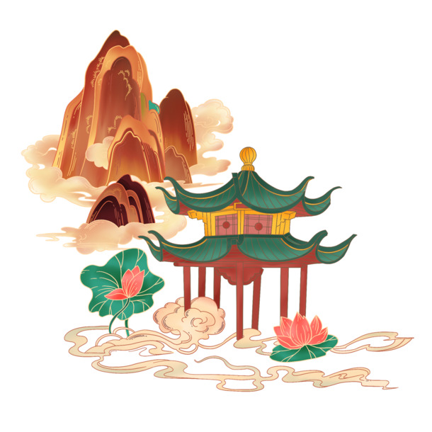 中国风PNG素材，新式宫廷笔山水高清透明图片，创意装饰元素下载