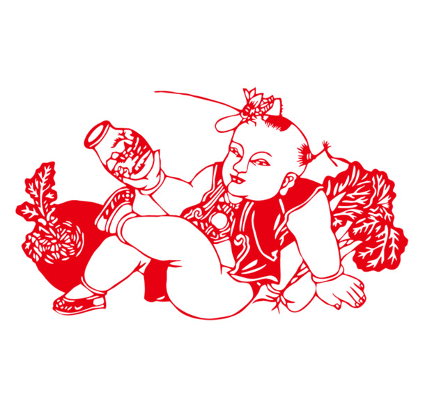 男童剪纸PNG透明图，元旦春节元宵节日素材，高清下载