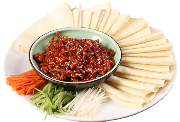 传统美食春饼京酱肉丝PNG图片，高清透明，节日元素丰富，春节元宵素材下载