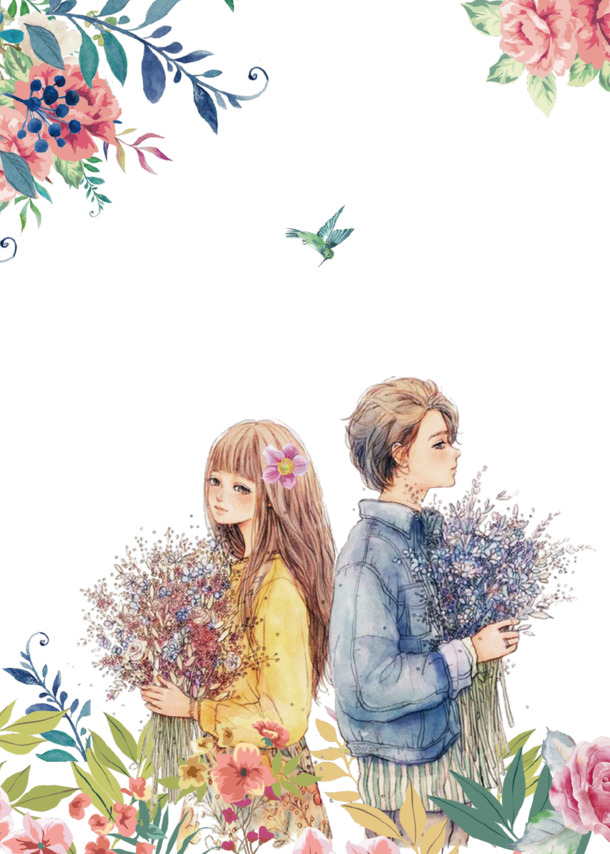 手绘花季情侣插画，唯美PNG透明图与PSD设计素材下载