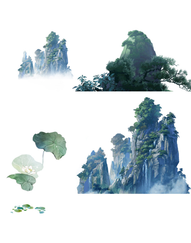 中国风手绘水墨山水海报，高清PNG免扣素材，卡通手绘元素，设计素材下载
