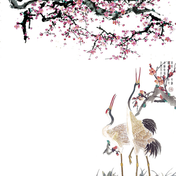 水墨桃花丹顶鹤PNG透明图，高清笔触设计素材下载