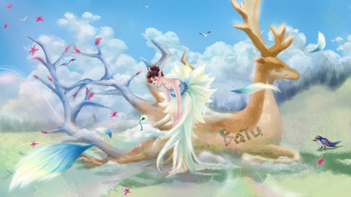 鹿树花精灵草原巴图美景，精选4K动漫壁纸，高清3840x2160下载