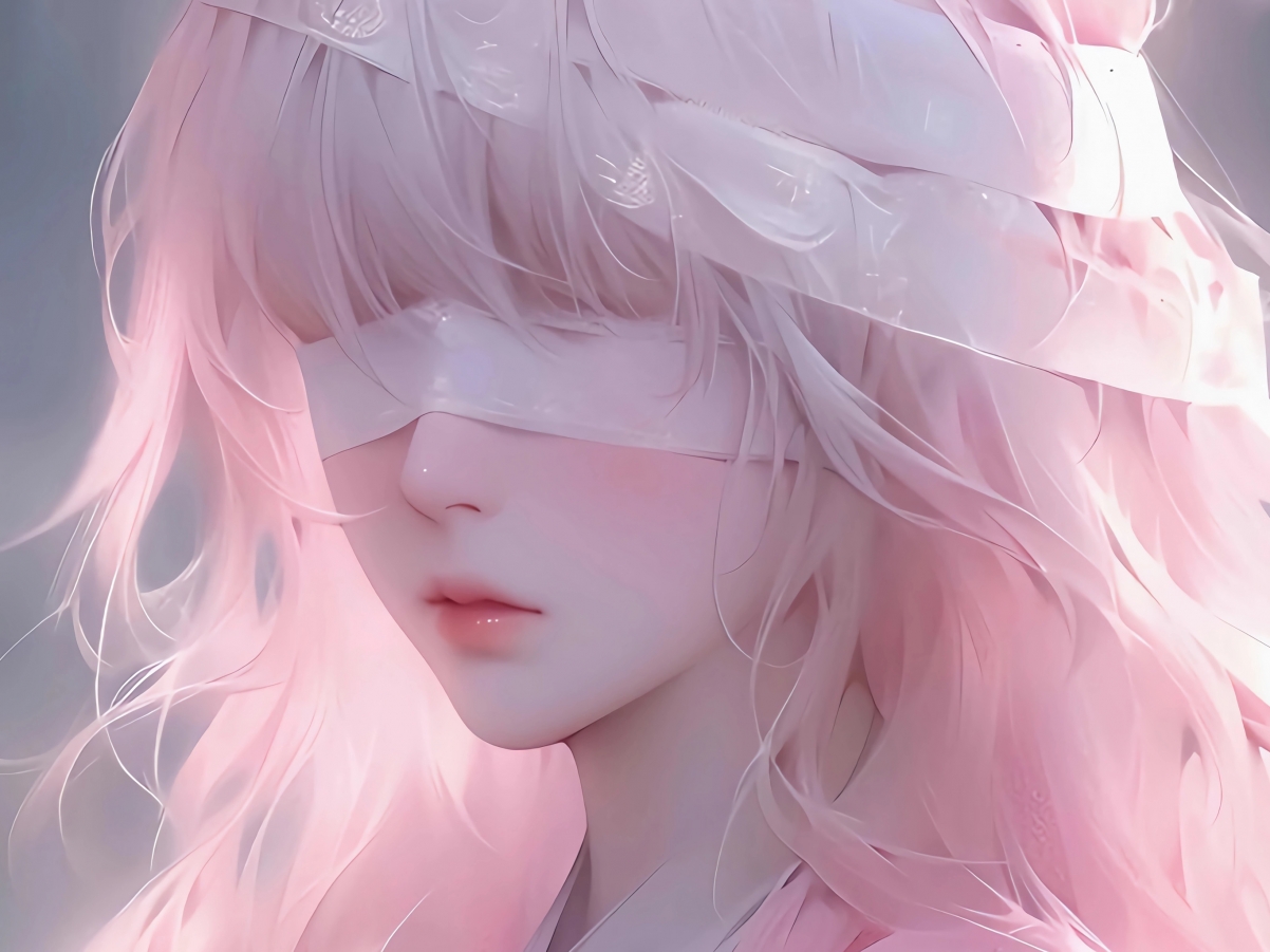 绝美粉色长发蒙眼少女平板壁纸，高清2732x2048大图，一键下载！
