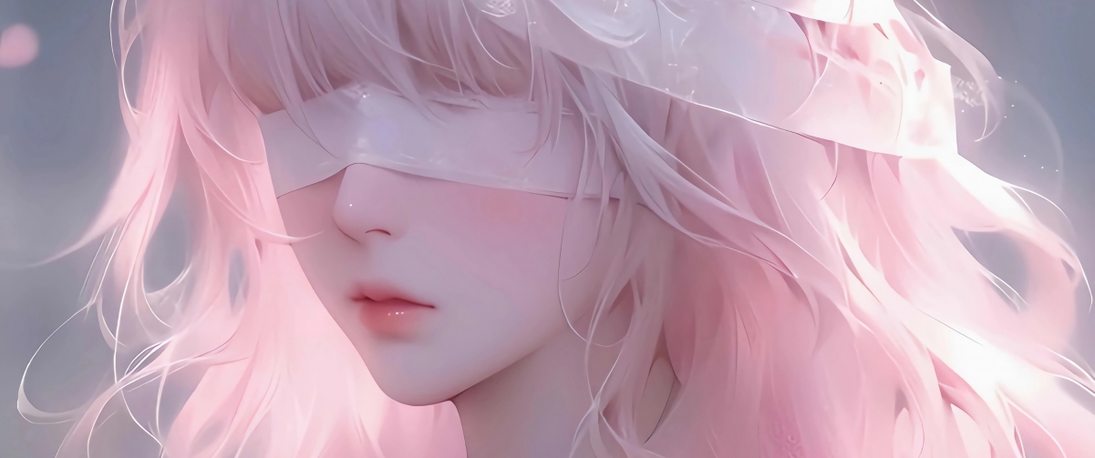 粉色长发蒙眼少女，绝美4K带鱼屏壁纸，高清3440x1440动漫图片，一键下载！