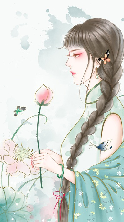 国潮汉服手绘女子PNG透明图片，中国风装饰元素，高清下载
