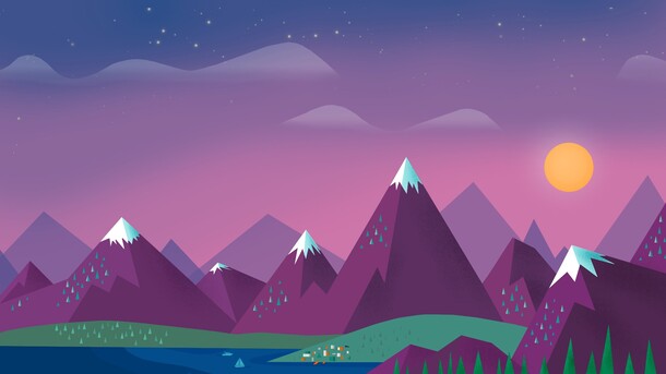手绘卡通紫色山峰树林PNG透明背景，高清设计素材免费下载