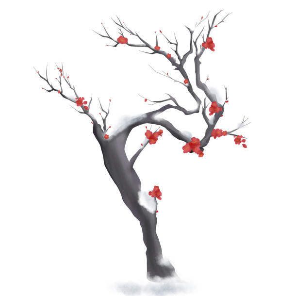 手绘雪中梅花树PNG透明图，高清装饰图案，免费下载