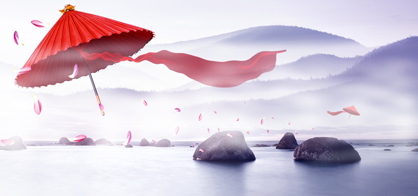 高清PNG透明伞石水景Banner海报，创意背景设计素材下载