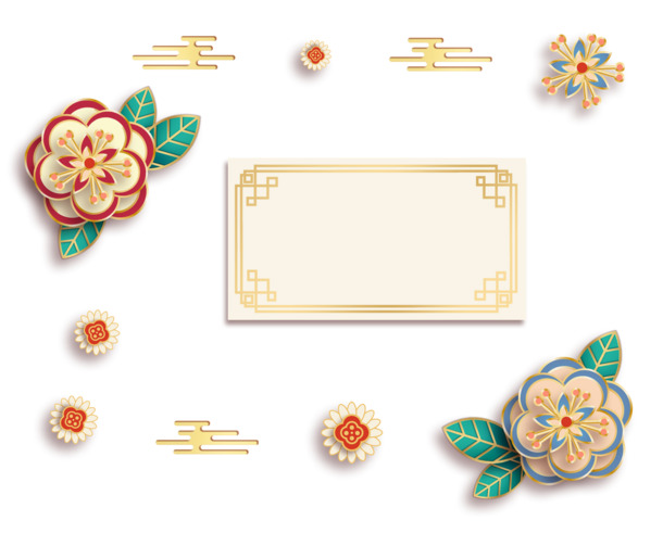 国潮新年高清PNG素材，祥云花朵，透明装饰，中国风设计下载