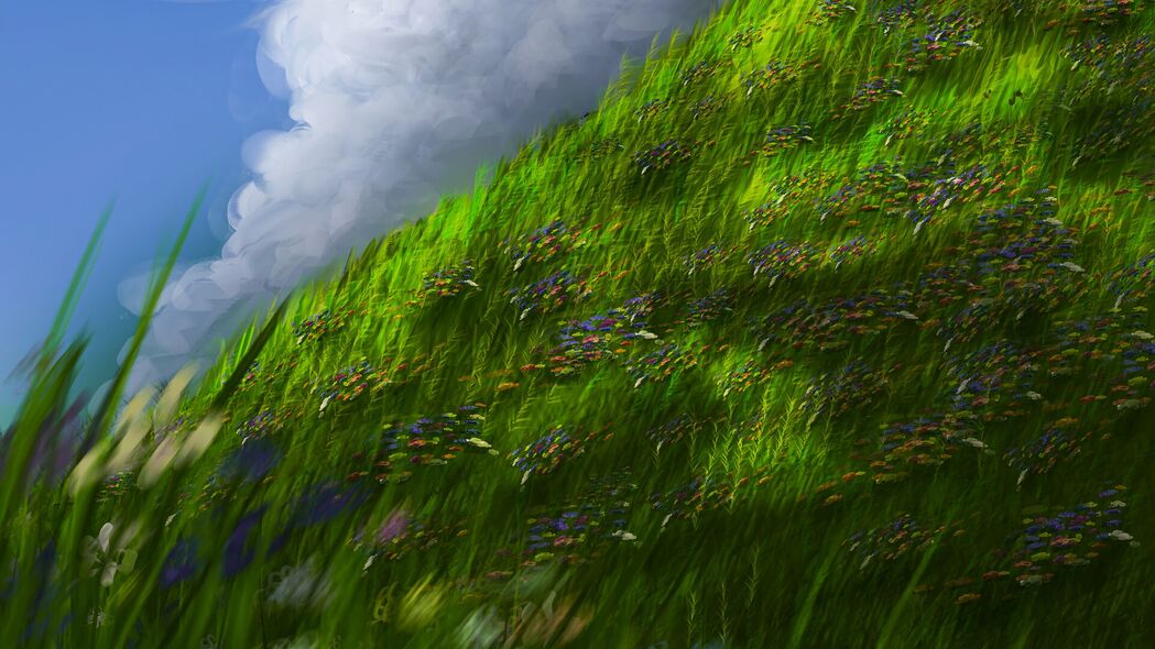 斜坡绿草花海，绚丽天空映艺术——精选4K超高清3840x2160壁纸，一键下载
