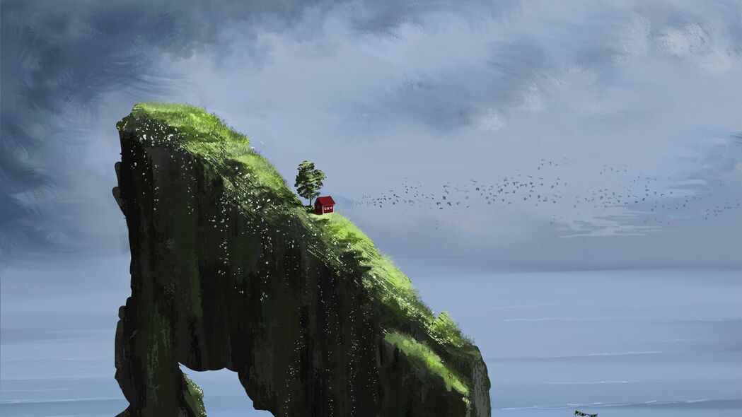 岩石斜坡上的房子，水波反射艺术之美——4K高清壁纸，3840x2160极致体验，免费下载