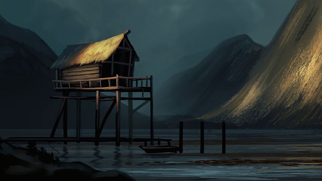 小屋流水斜坡艺术，绝美4K高清壁纸下载，3840x2160超高清背景图片