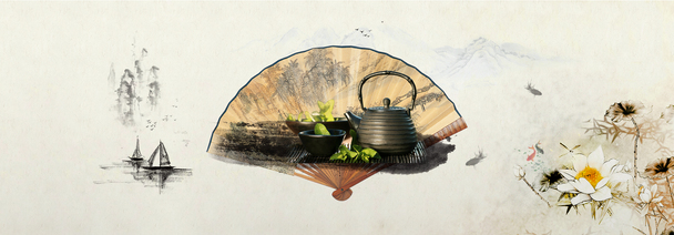 淘宝茶叶，茶文化中国风山水画扇子背景banner，高清PNG透明图片背景元素，免费下载设计素材