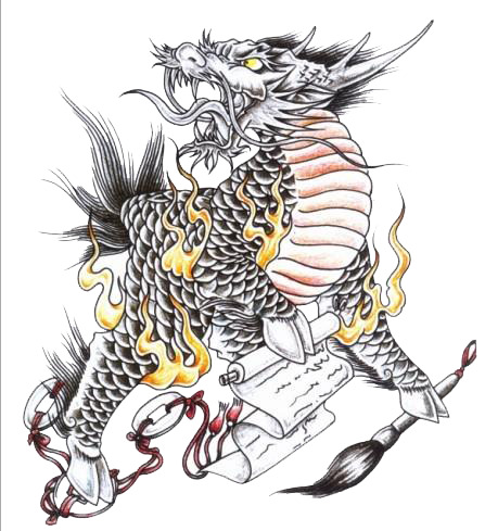 火焰麒麟PNG透明图，国风装饰元素PSD素材免费下载
