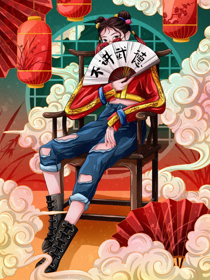 国潮酷女孩插画，高清JPG+PSD设计素材，免费下载！