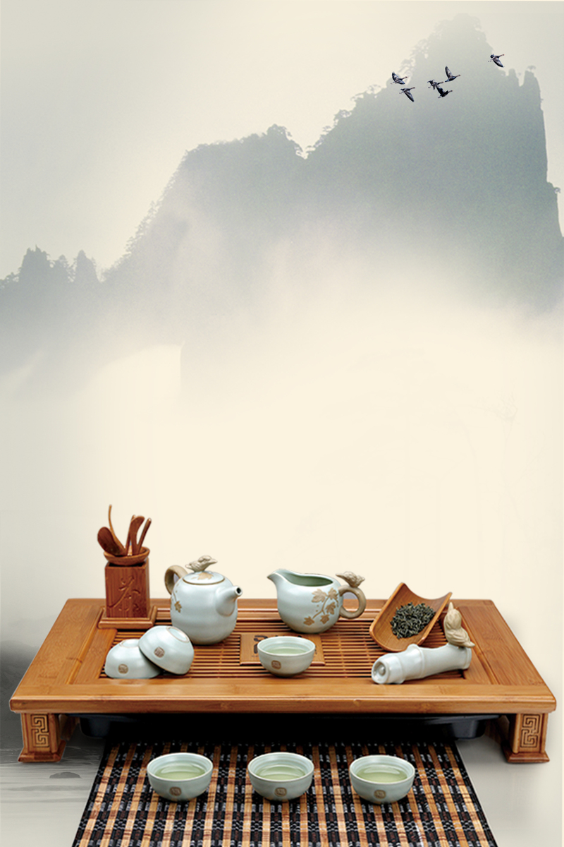 中国风水墨茶具，茶道文化背景高清JPG素材，复古设计元素免费下载