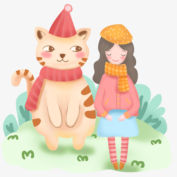小女孩与猫咪手绘，高清PNG透明图片，卡通手绘元素，AI设计素材下载