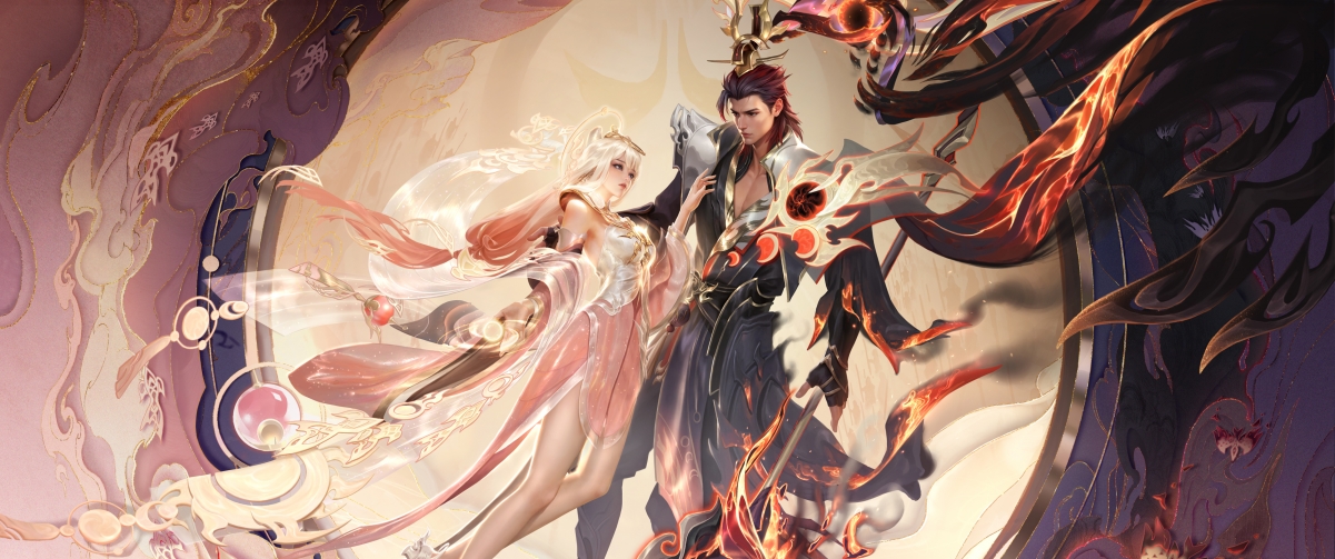 王者荣耀，貂蝉吕布情人节曦玄主题，高清4K带鱼屏壁纸（3440x1440）免费下载