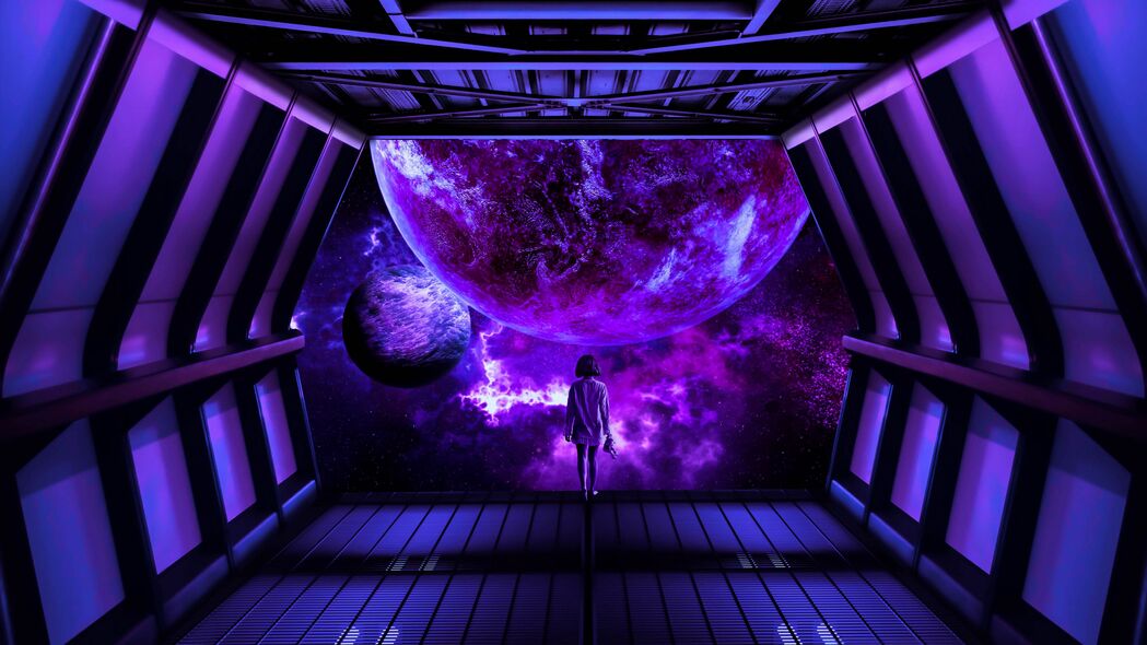 女孩遨游宇宙，飞船穿越星球的奇幻之旅，4K高清壁纸（3840x2160）免费下载