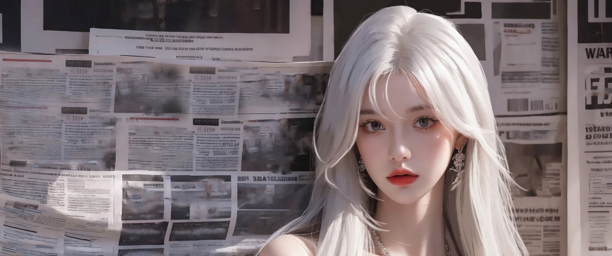 报纸墙白色长发动漫美女高清壁纸 4K带鱼屏3440x1440精美下载