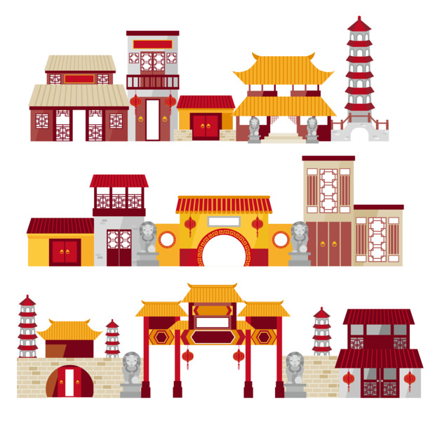 卡通中国传统建筑矢量素材，高清PNG透明图片，中国风装饰元素PSD设计素材下载